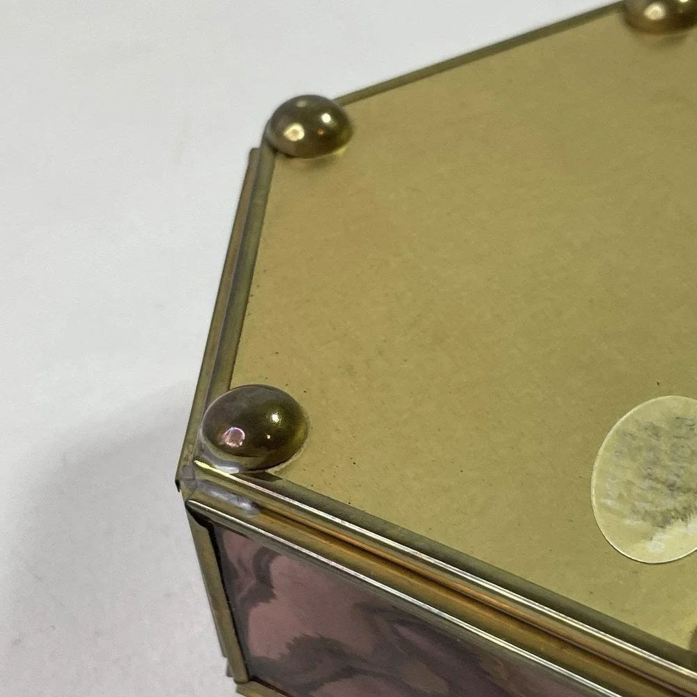 Vintage Purple Glass Jewelry Box Etched Flower Mirrored Brass Base Hexagon